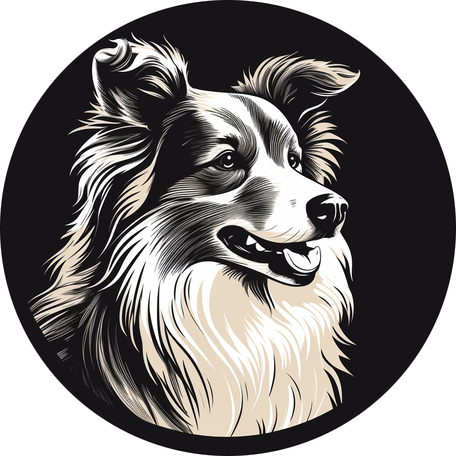 round logo showing the head of a sheltie in black and white